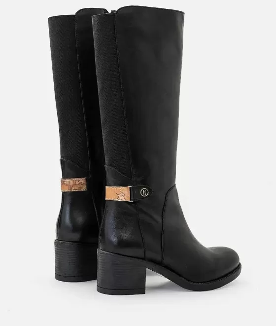 Donna Alviero Martini 1a Classe Stivali Alti In Pelle Liscia Con Borchia Logata Neri