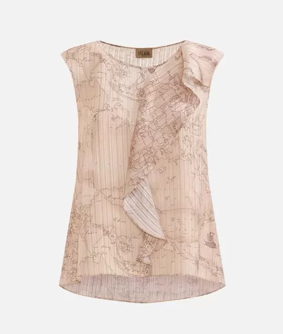 Donna Alviero Martini 1a Classe Top Con Volant In Organza Stampa Geo Special Beige
