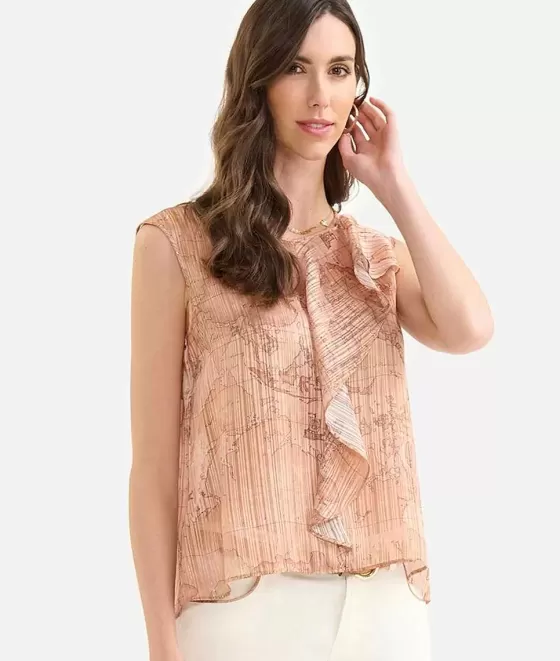 Donna Alviero Martini 1a Classe Top Con Volant In Organza Stampa Geo Special Beige