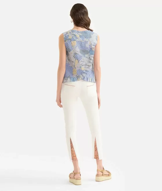 Donna Alviero Martini 1a Classe Top Smanicato Con Rouches In Popeline Di Cotone Biologico Stampa Geo Multirighe Blu