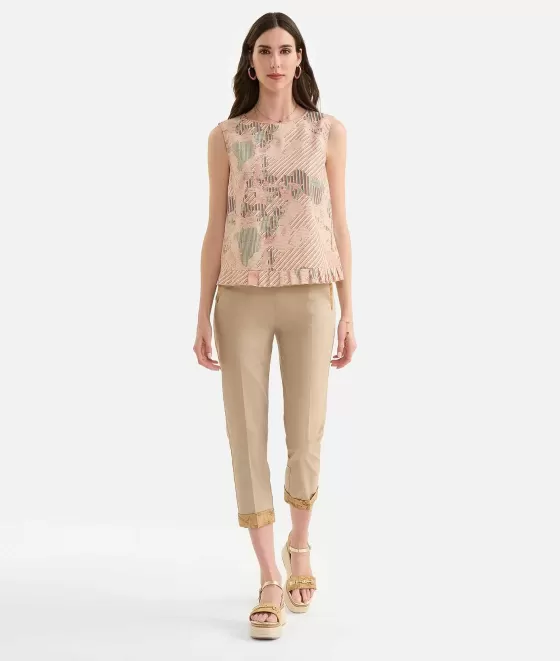 Donna Alviero Martini 1a Classe Top Smanicato Con Rouches In Popeline Di Cotone Biologico Stampa Geo Multirighe Sabbia