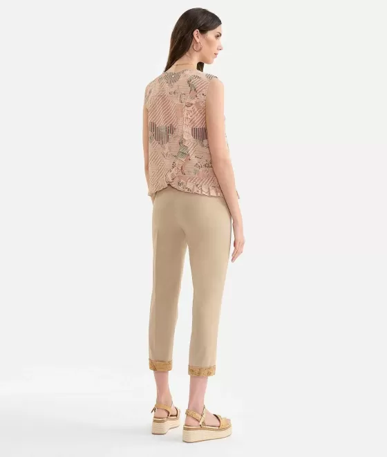 Donna Alviero Martini 1a Classe Top Smanicato Con Rouches In Popeline Di Cotone Biologico Stampa Geo Multirighe Sabbia