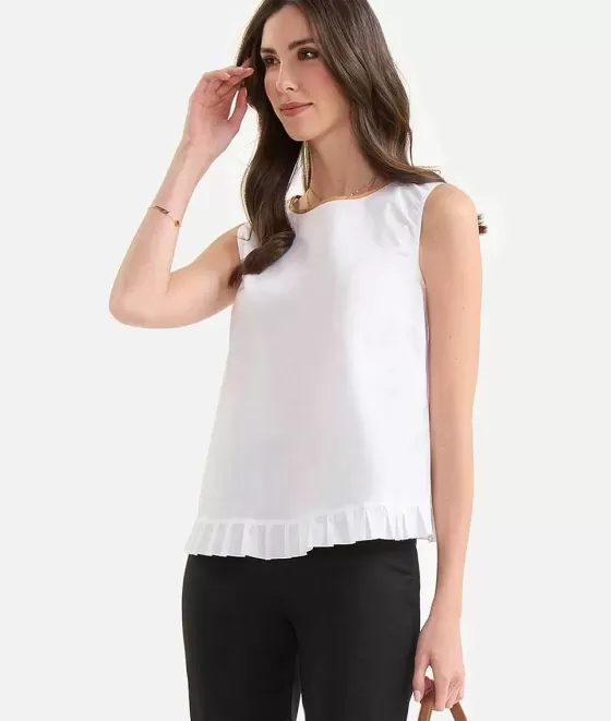 Donna Alviero Martini 1a Classe Top Smanicato Con Rouches In Popeline Di Cotone Croccante Bianco