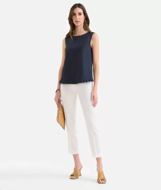 Donna Alviero Martini 1a Classe Top Smanicato Con Rouches In Popeline Di Cotone Croccante Blu Scuro