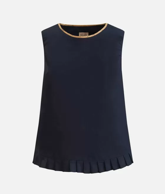 Donna Alviero Martini 1a Classe Top Smanicato Con Rouches In Popeline Di Cotone Croccante Blu Scuro