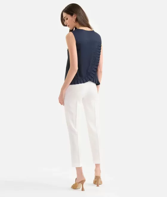 Donna Alviero Martini 1a Classe Top Smanicato Con Rouches In Popeline Di Cotone Croccante Blu Scuro