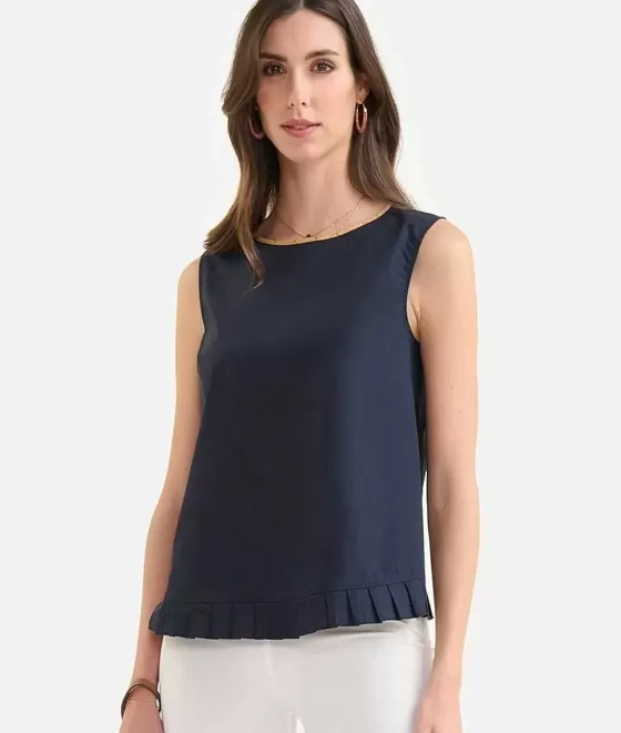 Donna Alviero Martini 1a Classe Top Smanicato Con Rouches In Popeline Di Cotone Croccante Blu Scuro
