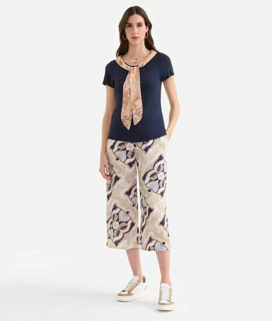 Donna Alviero Martini 1a Classe T-Shirt Con Foulard In Jersey Di Viscosa Stretch Blu Scuro