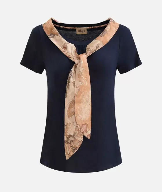 Donna Alviero Martini 1a Classe T-Shirt Con Foulard In Jersey Di Viscosa Stretch Blu Scuro