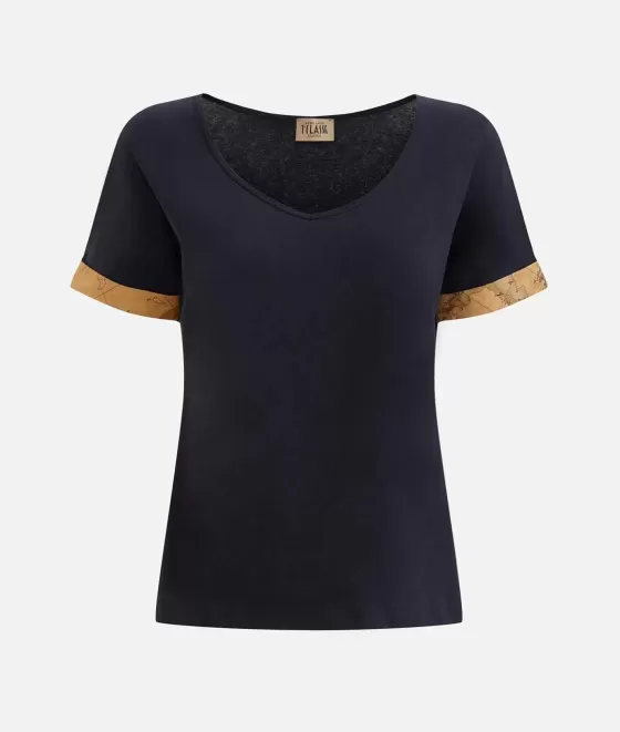 Donna Alviero Martini 1a Classe T-Shirt Con Risvolti Geo Classic In Jersey Di Cotone Stretch Blu Notte